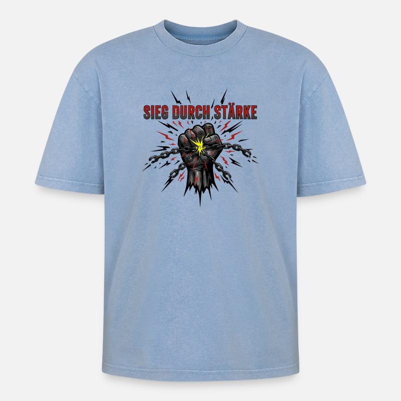 Sieg durch Stärke - Oversized Unisex Premium Acid-Washed T-Shirt - Blau Acid Wash