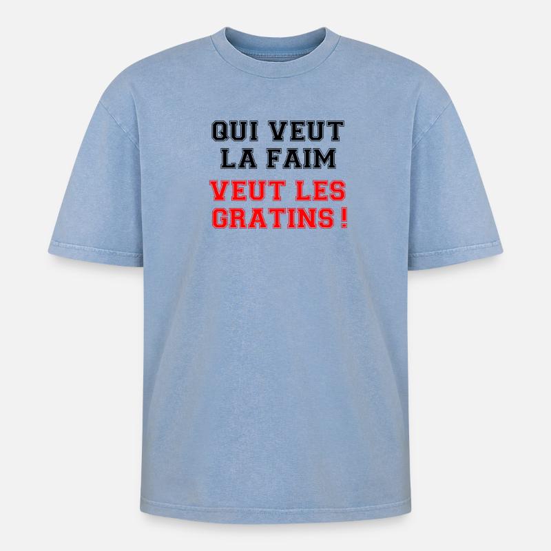 Wer Hunger will, will das Gratin. - Oversized Unisex Premium Acid-Washed T-Shirt - Blau Acid Wash