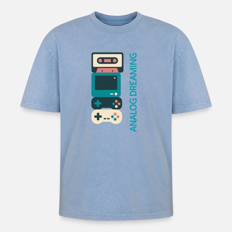 Analog Dreaming Console Stack - Oversized Unisex Premium Acid-Washed T-Shirt - acid washed blue