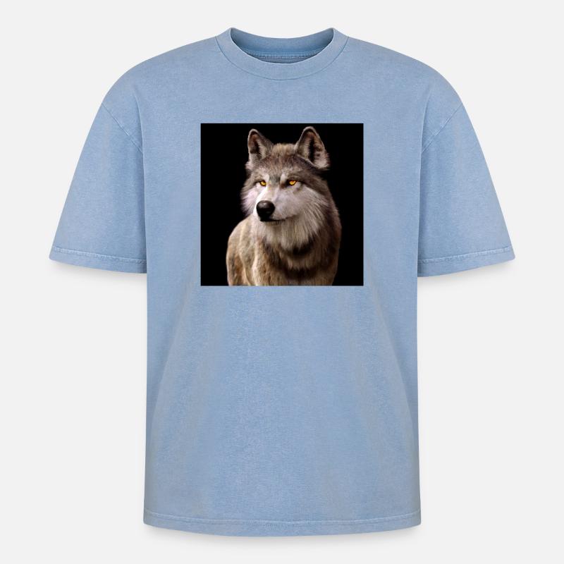 Wolfsblick Bernstein im Dunkel - Oversized Unisex Premium Acid-Washed T-Shirt - Blau Acid Wash