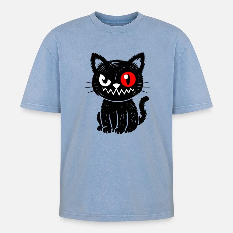 Schwarze Katze mit rotem Auge sitzend - Oversized Unisex Premium Acid-Washed T-Shirt - Blau Acid Wash