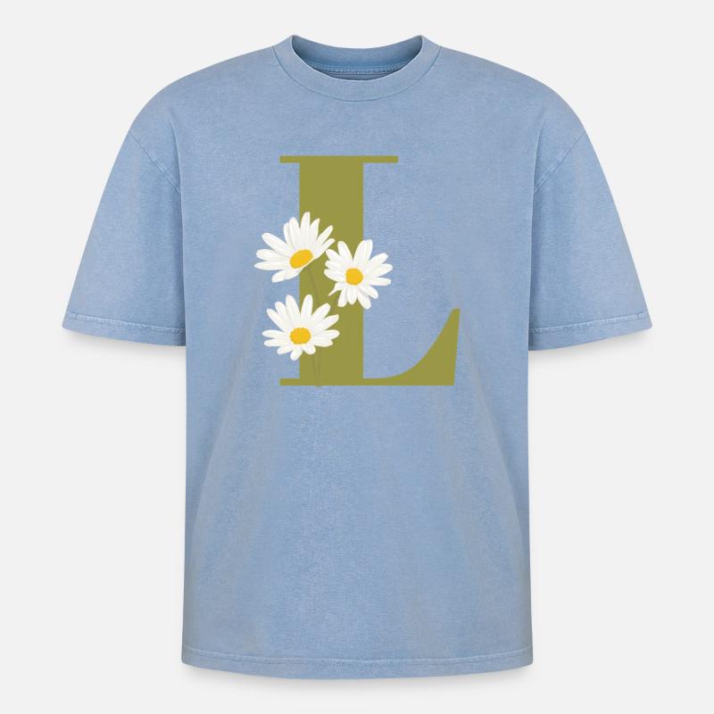 Buchstabe l Grüne Gänseblümchen - Oversized Unisex Premium Acid-Washed T-Shirt - Blau Acid Wash