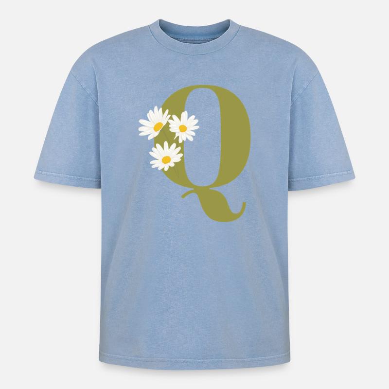 Buchstaben q grüne Gänseblümchen - Oversized Unisex Premium Acid-Washed T-Shirt - Blau Acid Wash