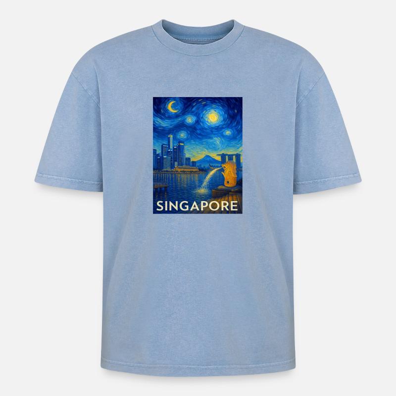 Singapur - Oversized Unisex Premium Acid-Washed T-Shirt - Blau Acid Wash