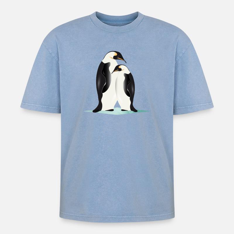 Zwei elegant gezeichnete Pinguine - Oversized Unisex Premium Acid-Washed T-Shirt - Blau Acid Wash