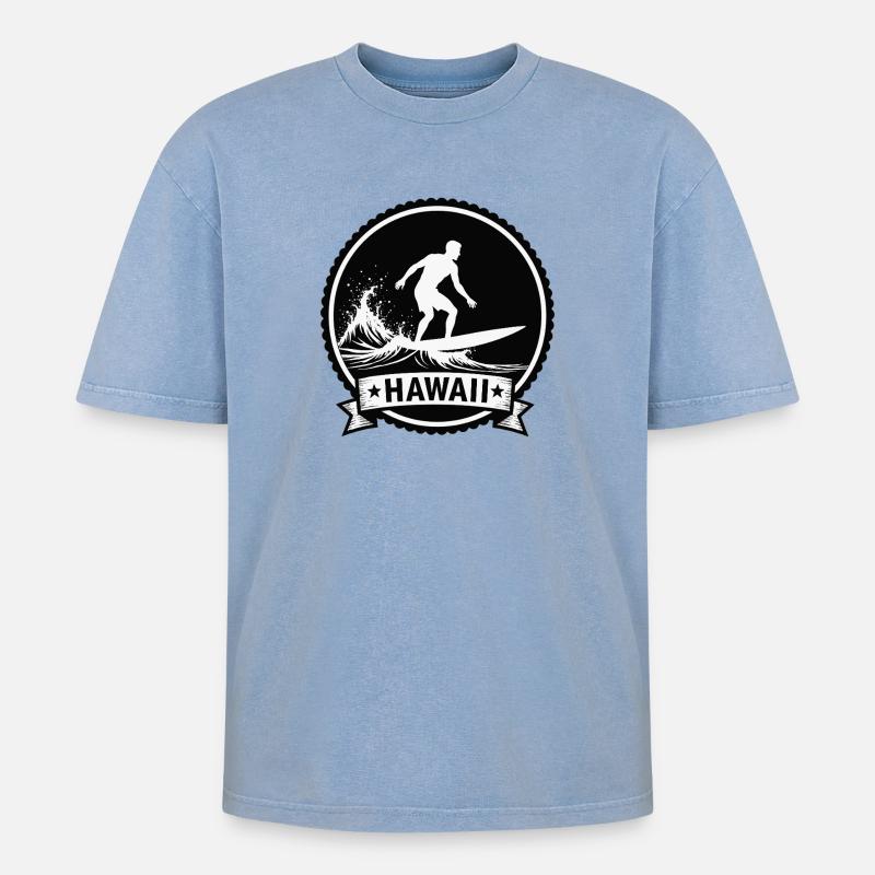 Hawaii Surf Wave Badge - Oversized Unisex Premium Acid-Washed T-Shirt - Blau Acid Wash