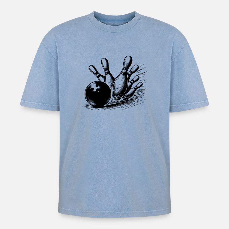 Dynamischer Bowlingkugel Wurf auf Pins - Oversized Unisex Premium Acid-Washed T-Shirt - Blau Acid Wash