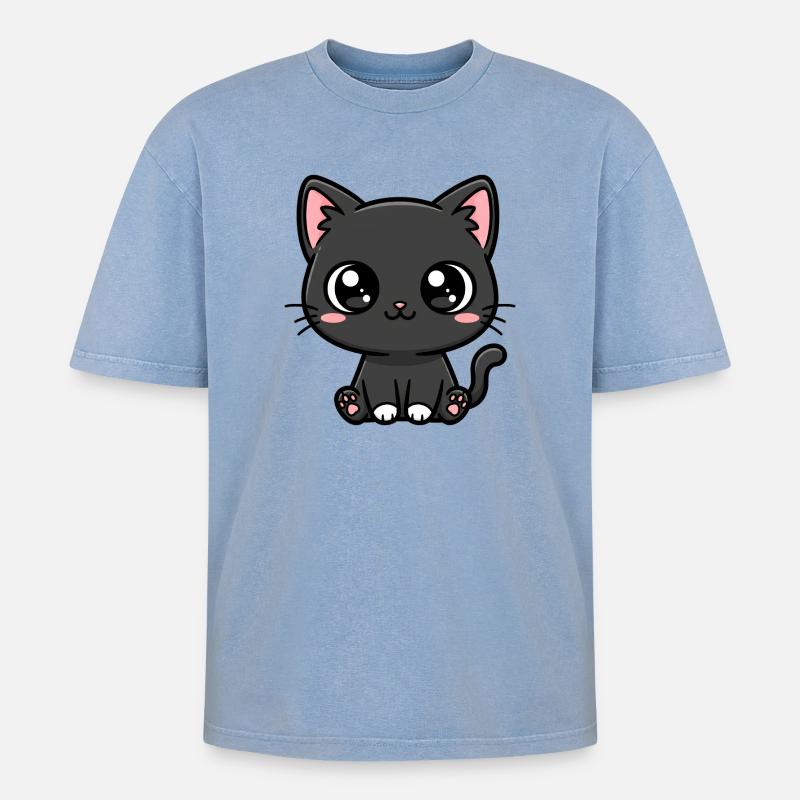 Mitternachtskätzchen-Kawaii-Maskottchen - Oversized Unisex Premium Acid-Washed T-Shirt - Blau Acid Wash