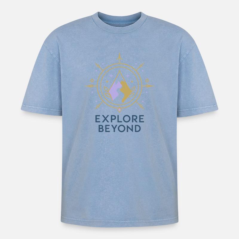 Explore Beyond Kompass - Oversized Unisex Premium Acid-Washed T-Shirt - Blau Acid Wash