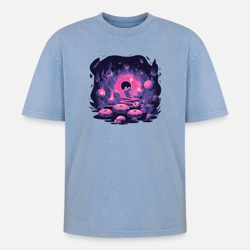 Neon Mäusehöhle mit Donuts - Oversized Unisex Premium Acid-Washed T-Shirt - Blau Acid Wash