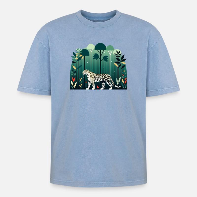 Leopard im Dschungel - Oversized Unisex Premium Acid-Washed T-Shirt - Blau Acid Wash