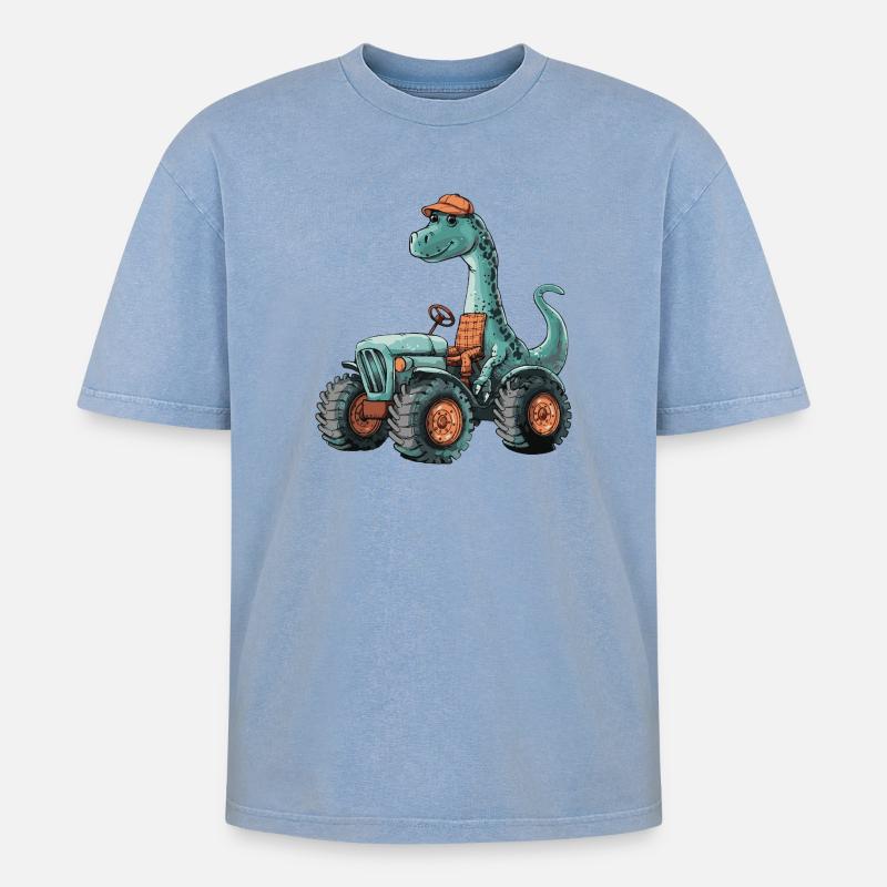 Dinosaurier brontosaurus Traktor Farmer - Oversized Unisex Premium Acid-Washed T-Shirt - Blau Acid Wash