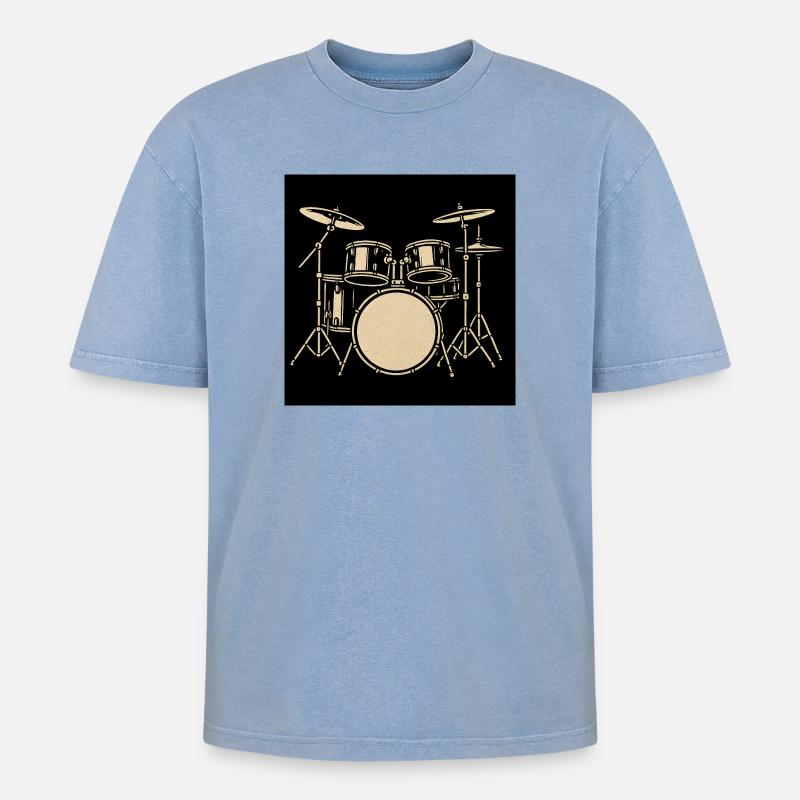Schwarzsilbernes Drumset Illustration - Oversized Unisex Premium Acid-Washed T-Shirt - Blau Acid Wash