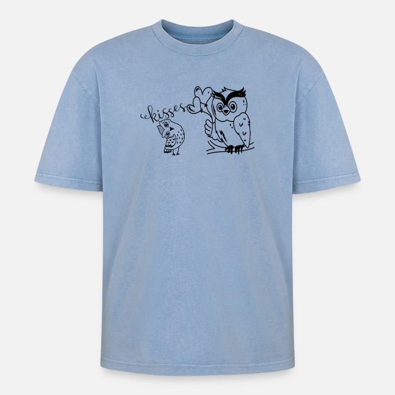 Zwei Eulen - Oversized Unisex Premium Acid-Washed T-Shirt - Blau Acid Wash