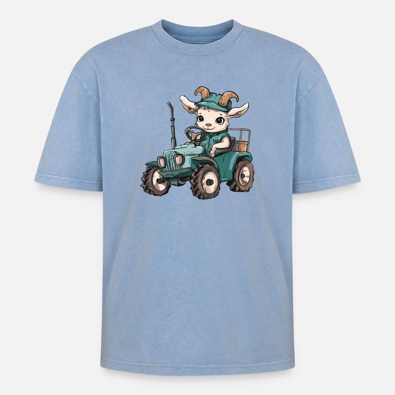 Bergziege Traktor Farmer - Oversized Unisex Premium Acid-Washed T-Shirt - Blau Acid Wash