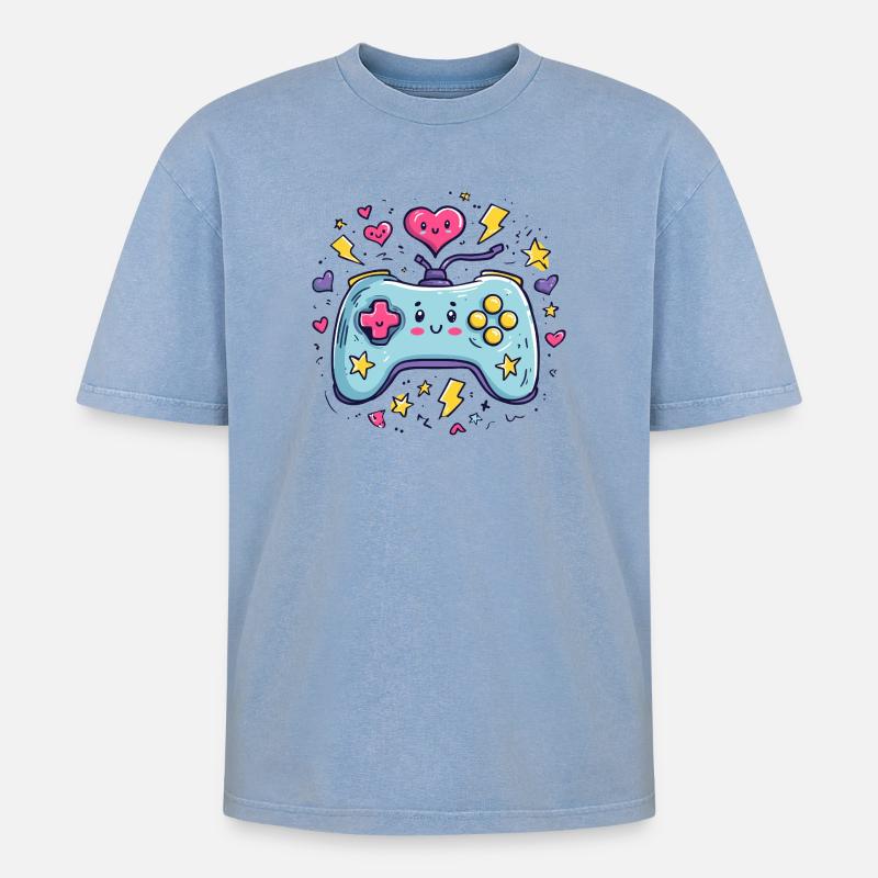 Kawaii Controller Herzfreude - Oversized Unisex Premium Acid-Washed T-Shirt - Blau Acid Wash