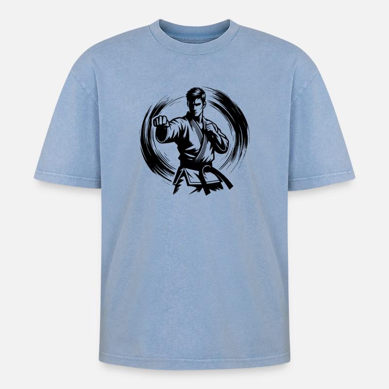 Dynamische Kampfpose Perfekte Karate Silhouette - Oversized Unisex Premium Acid-Washed T-Shirt - Blau Acid Wash