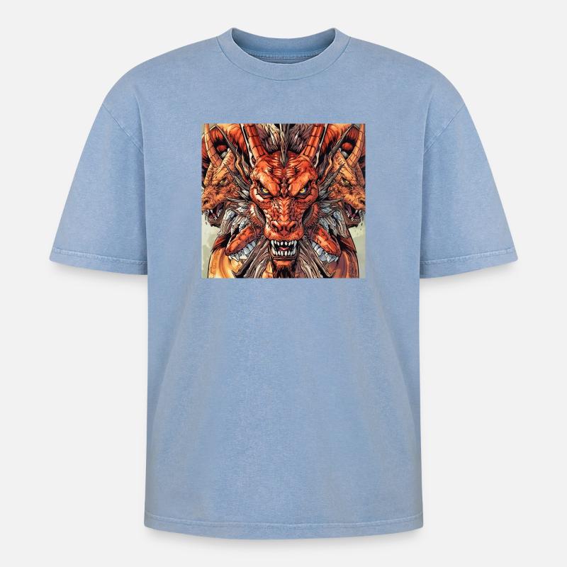 Dreiköpfige Drachen-Fireview - Oversized Unisex Premium Acid-Washed T-Shirt - Blau Acid Wash