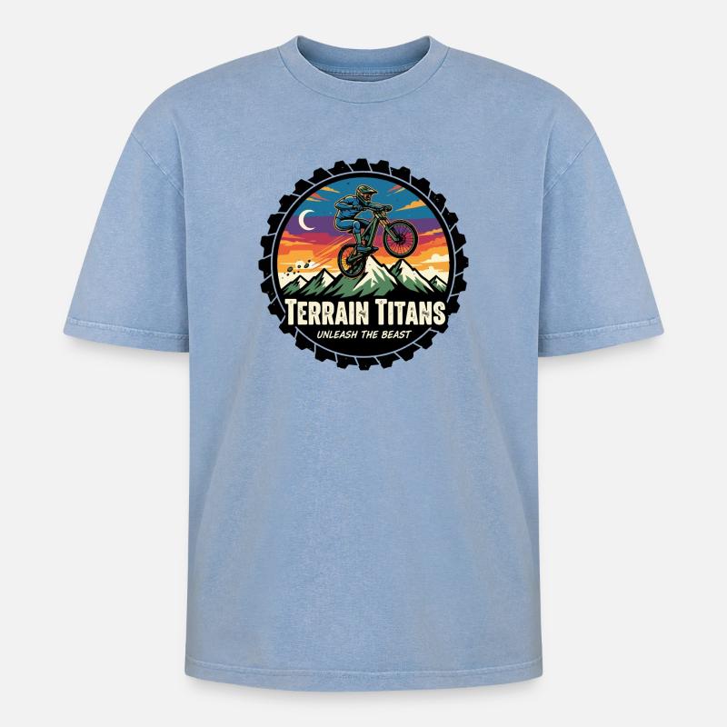 Terrain Titans MTB Unleashed - Oversized Unisex Premium Acid-Washed T-Shirt - Blau Acid Wash
