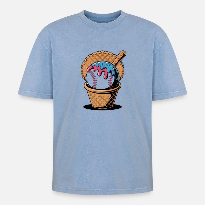 Baseball Eiscreme In Waffel Mit Schläger - Oversized Unisex Premium Acid-Washed T-Shirt - Blau Acid Wash