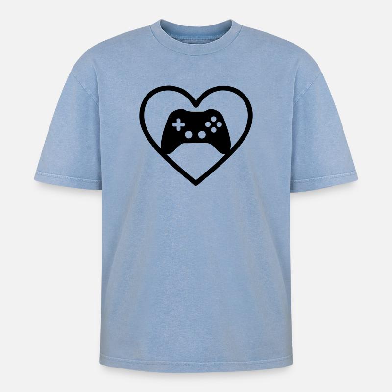 Gaming Heart – Gamer-Style-Controller - Oversized Unisex Premium Acid-Washed T-Shirt - Blau Acid Wash