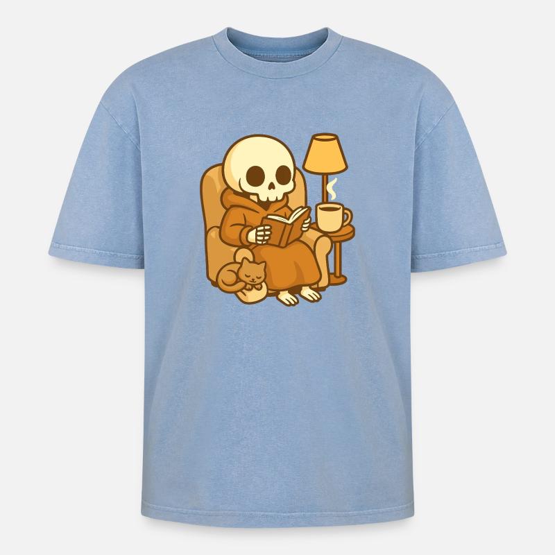 Reading Skeleton – Cozy Reading - Oversized Unisex Premium Acid-Washed T-Shirt - acid washed blue