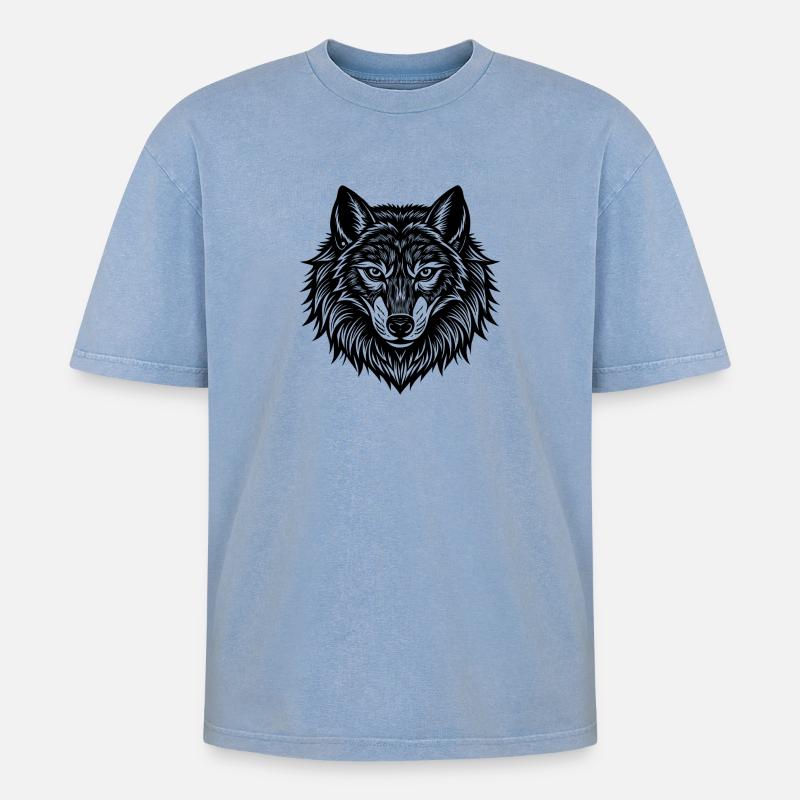 Wolfskopf - Oversized Unisex Premium Acid-Washed T-Shirt - Blau Acid Wash