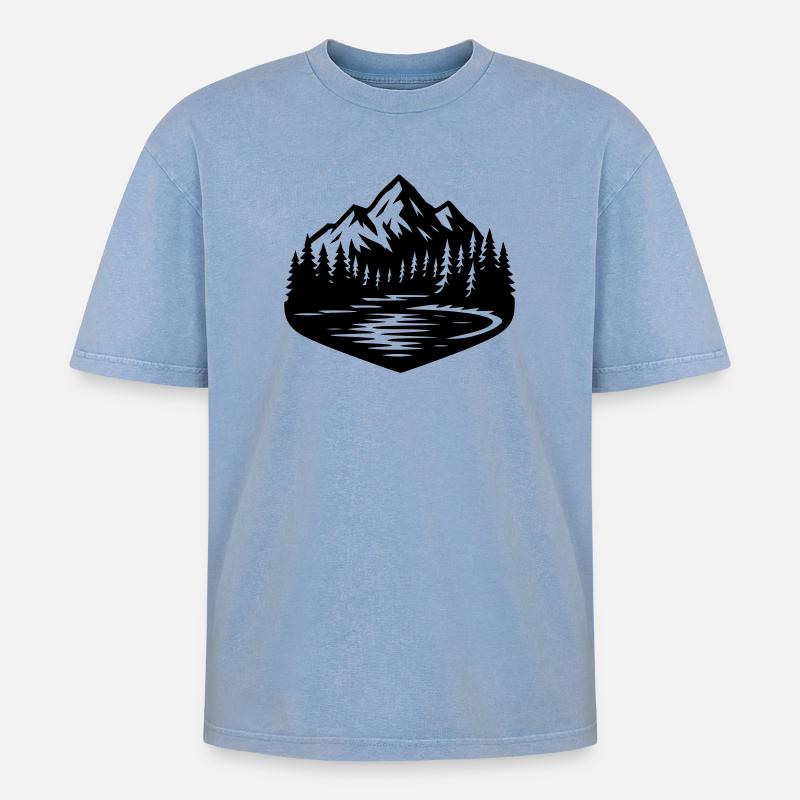 Berge Landschaft Wald - Oversized Unisex Premium Acid-Washed T-Shirt - Blau Acid Wash
