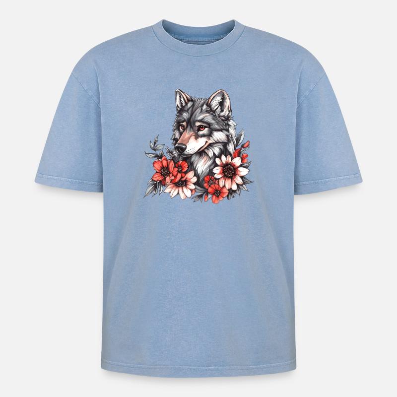 Wolf mit Blütenkranz - Oversized Unisex Premium Acid-Washed T-Shirt - Blau Acid Wash