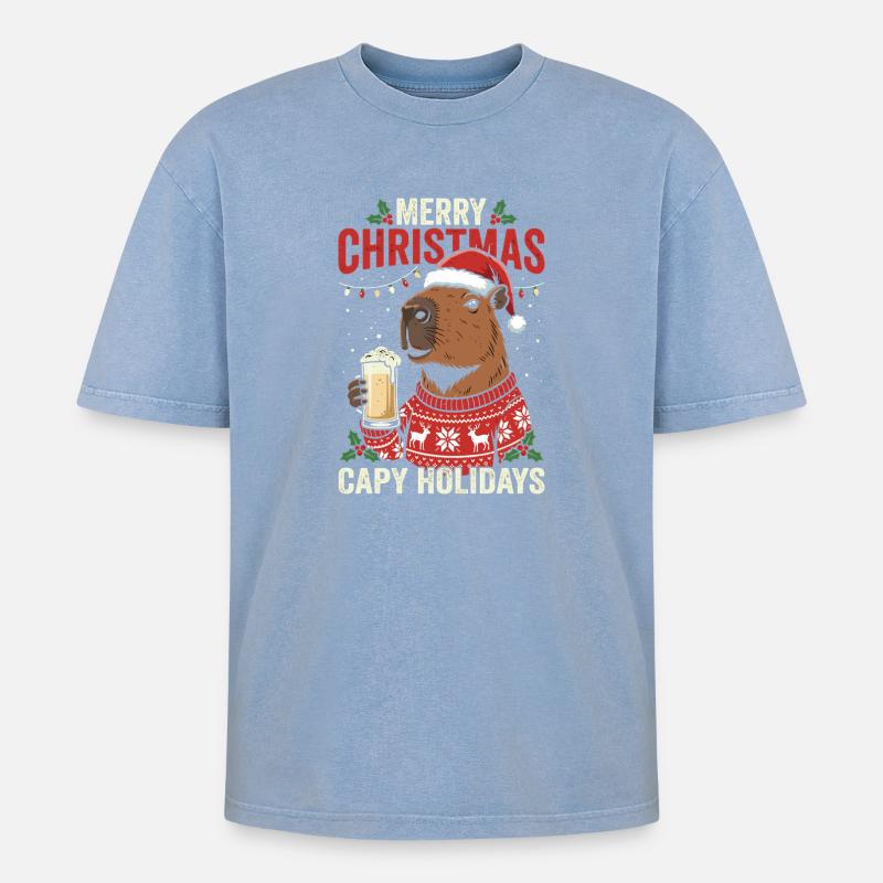 Capybaras Weihnachtsfest Pullover - Oversized Unisex Premium Acid-Washed T-Shirt - Blau Acid Wash