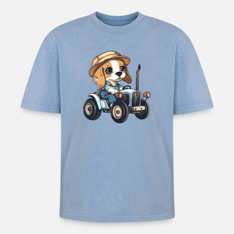 Beagle Hunde Traktor Farmer - Oversized Unisex Premium Acid-Washed T-Shirt - Blau Acid Wash