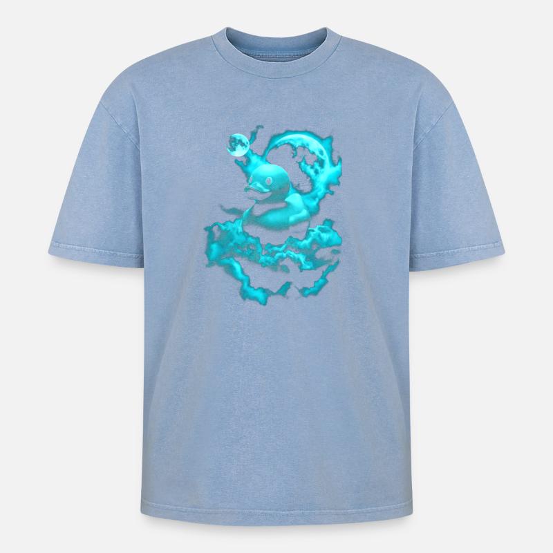 Neon-Raumente über blauer Wolke - Oversized Unisex Premium Acid-Washed T-Shirt - Blau Acid Wash