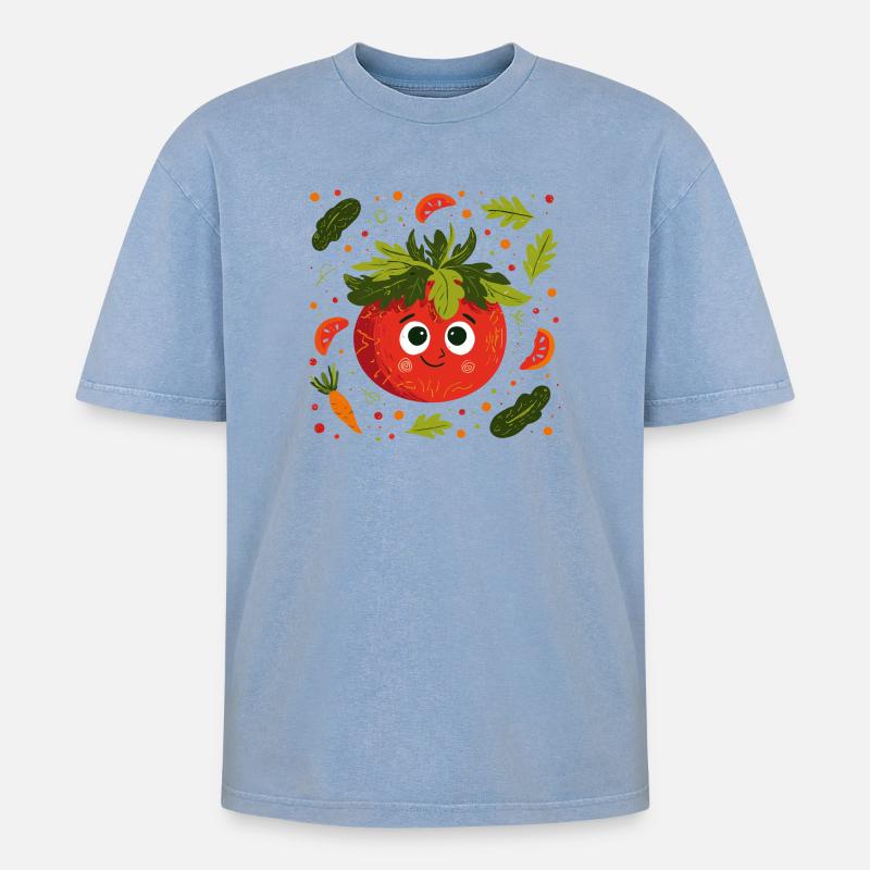 Fröhliche Tomate mit Kräuterkrone - Oversized Unisex Premium Acid-Washed T-Shirt - Blau Acid Wash