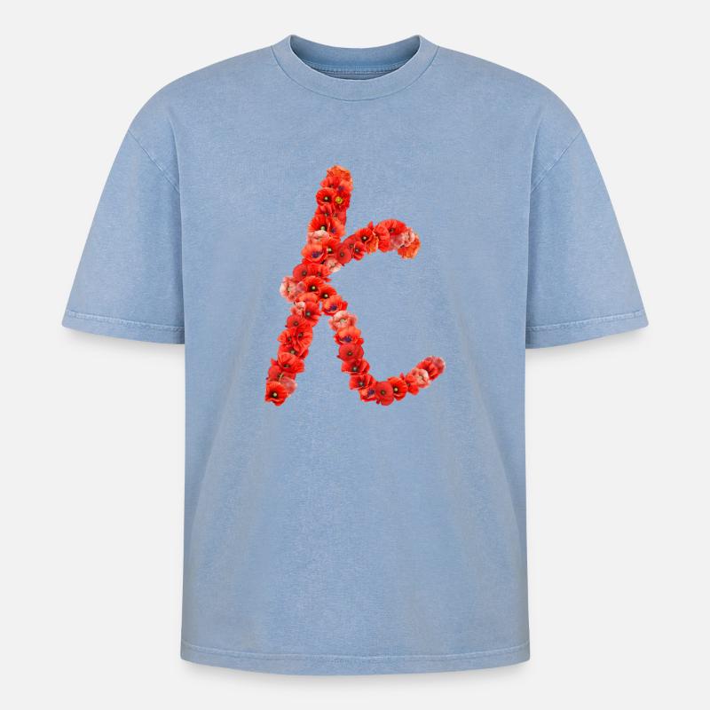 Initial K aus Mohnblumen - Oversized Unisex Premium Acid-Washed T-Shirt - Blau Acid Wash
