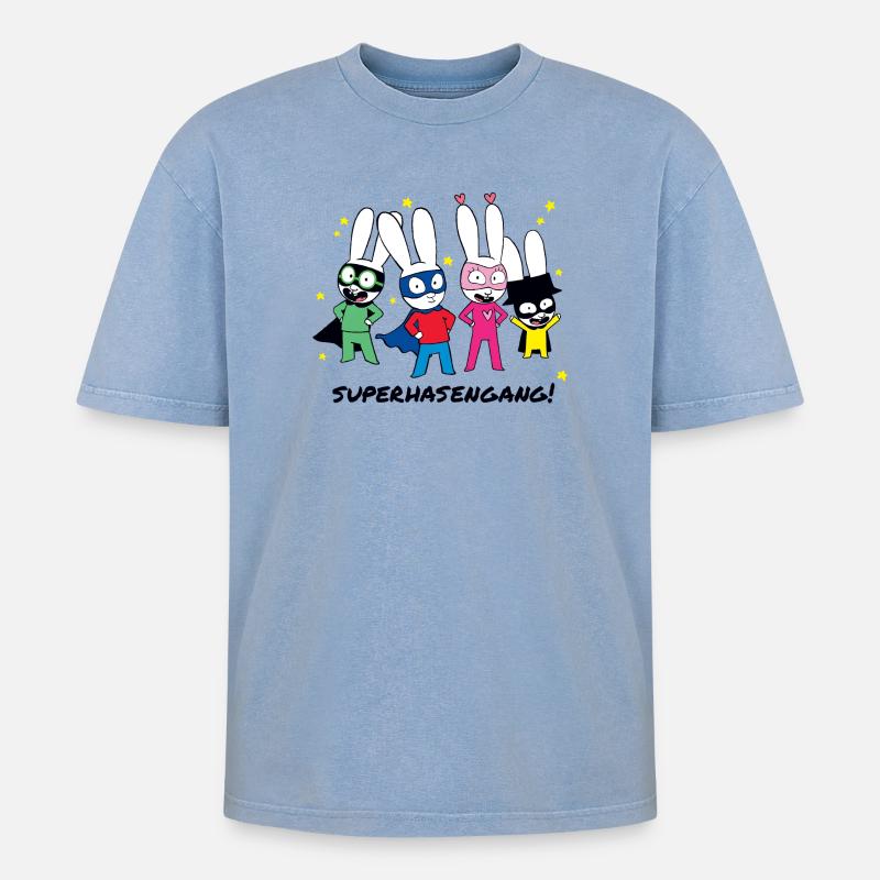 Simon Superhase Mit Seiner Superhasengang  - Oversized Unisex Premium Acid-Washed T-Shirt - Blau Acid Wash