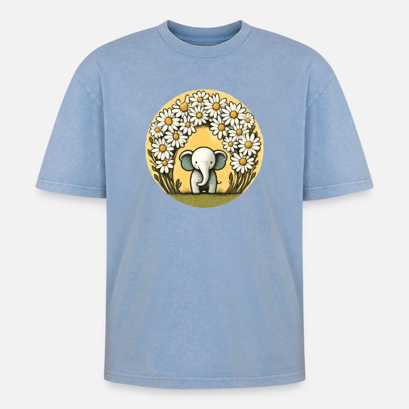 Elefant im Gänseblümchen-Ring - Oversized Unisex Premium Acid-Washed T-Shirt - Blau Acid Wash