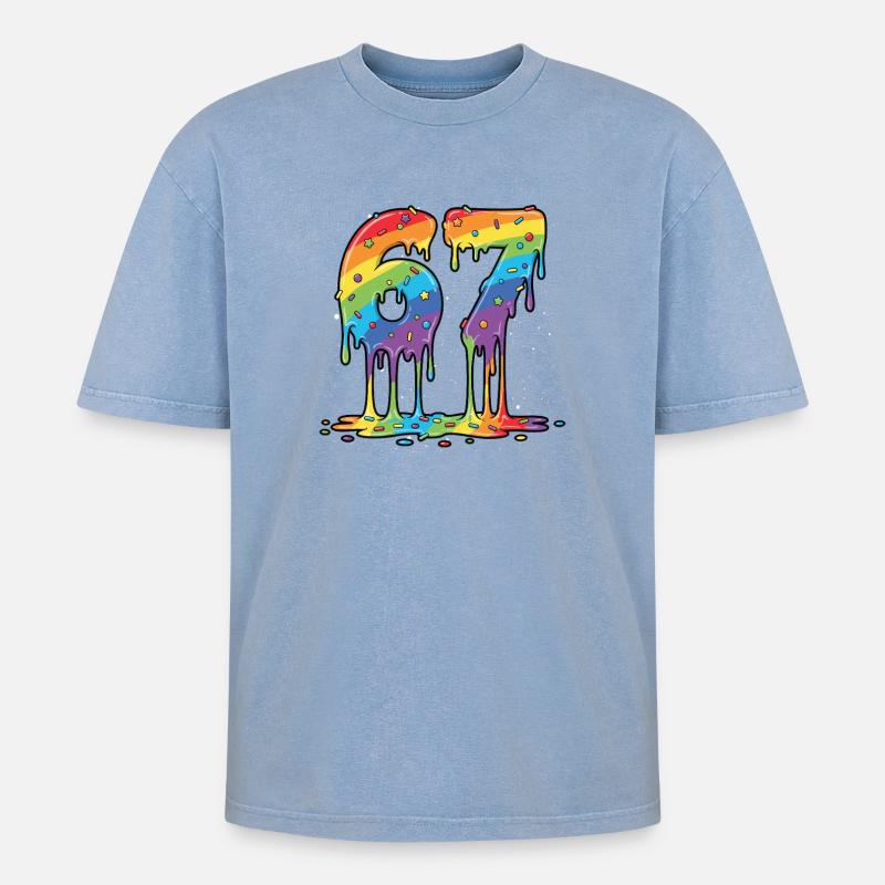 Célébration du mème Rainbow 67 - T-shirt Premium unisexe oversize acid-washed - bleu délavé acide