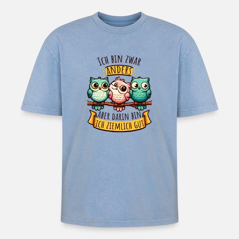 Anderssein – Eulen mit Spruch & Persönlichkeit - Oversized Unisex Premium Acid-Washed T-Shirt - Blau Acid Wash
