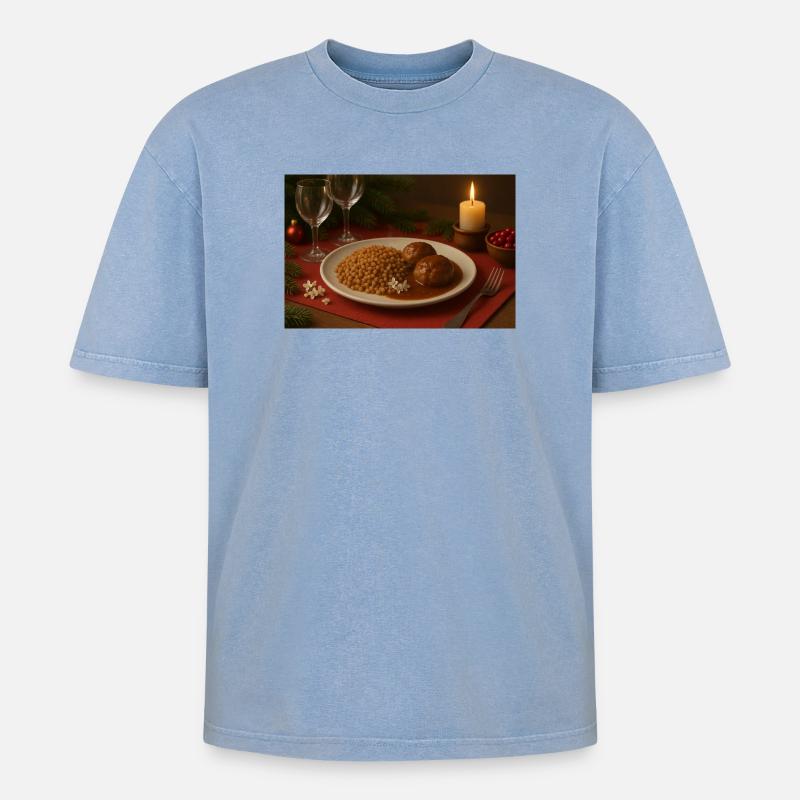 Festlicher Buchweizen-Fleischbällchen Teller - Oversized Unisex Premium Acid-Washed T-Shirt - Blau Acid Wash