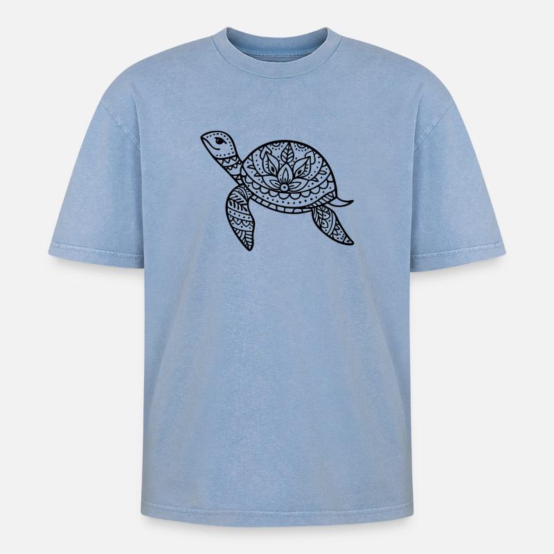 Boho Schildkröte Meer Illustration Boho Stil - Oversized Unisex Premium Acid-Washed T-Shirt - Blau Acid Wash