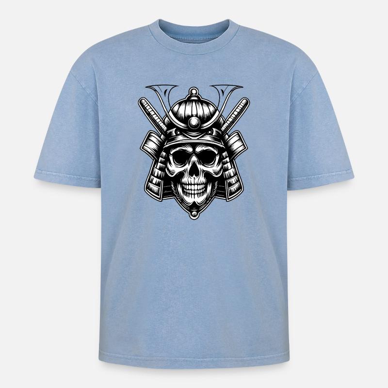 Schädel Samurai Krieger Emblem - Oversized Unisex Premium Acid-Washed T-Shirt - Blau Acid Wash