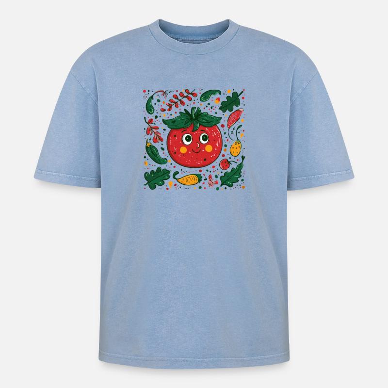 Fröhliche Tomate im Gartendesign - Oversized Unisex Premium Acid-Washed T-Shirt - Blau Acid Wash