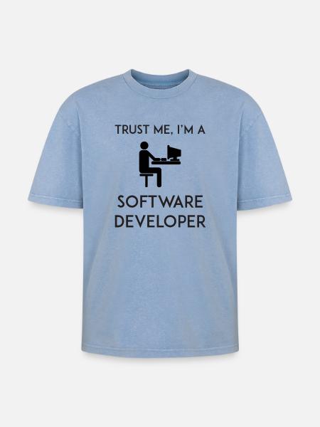 Vertrau mir, ich bin Softwareentwickler - Oversized Unisex Premium Acid-Washed T-Shirt - Blau Acid Wash
