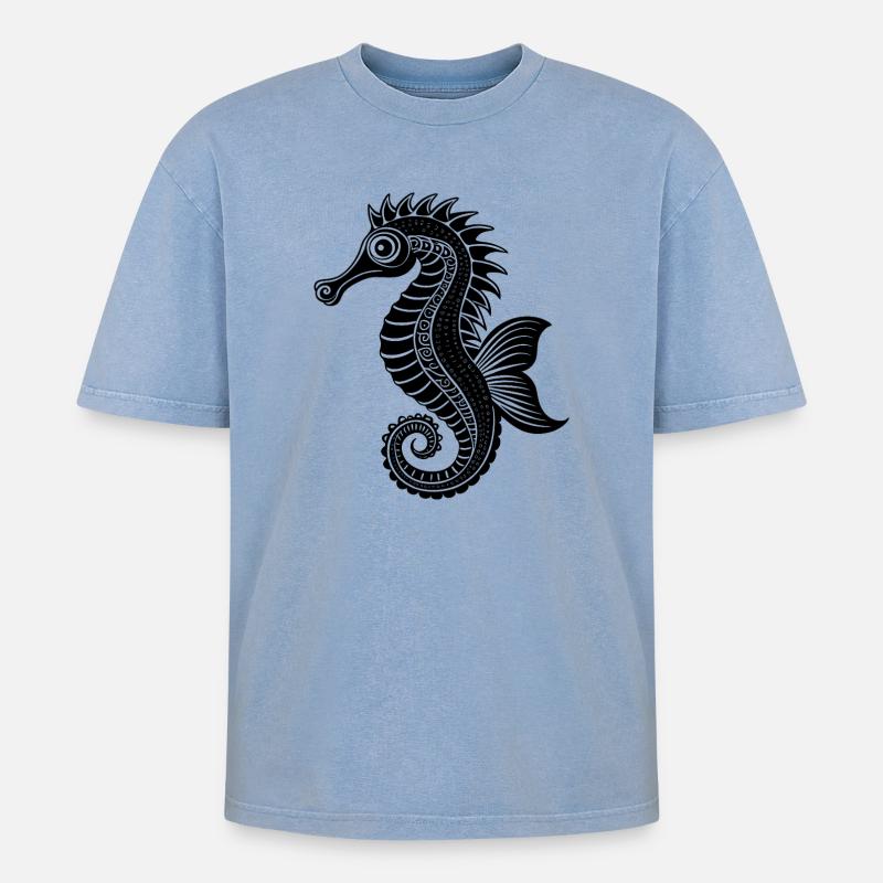 Seepferdchen - Oversized Unisex Premium Acid-Washed T-Shirt - Blau Acid Wash