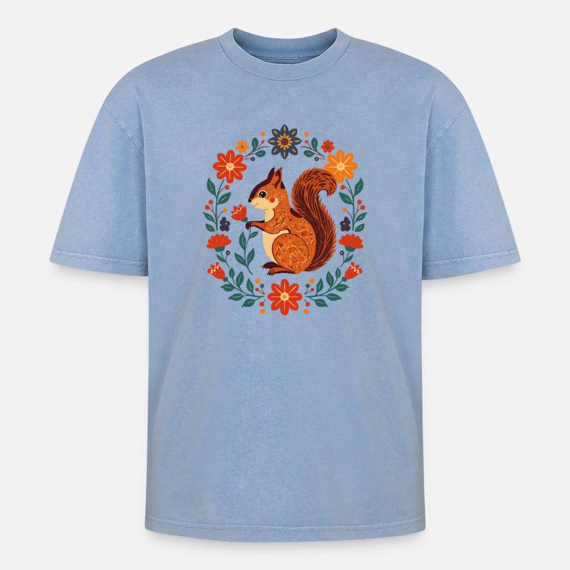 Blumenkranz-Eichhörnchen - Oversized Unisex Premium Acid-Washed T-Shirt - Blau Acid Wash
