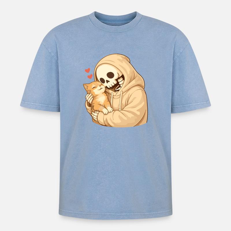 Cozy skeleton with cat – security - Oversized Unisex Premium Acid-Washed T-Shirt - acid washed blue