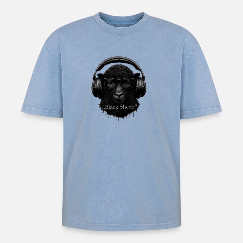 Black Sheep mit Kopfhörern - Oversized Unisex Premium Acid-Washed T-Shirt - Blau Acid Wash