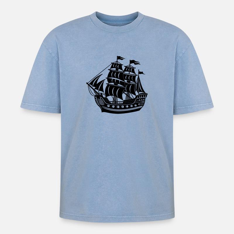 Piratenschiff - Oversized Unisex Premium Acid-Washed T-Shirt - Blau Acid Wash