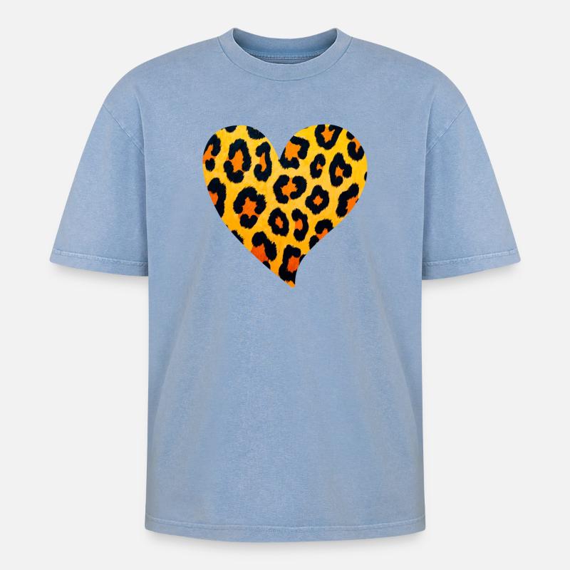 Leopard Herz Muster - Oversized Unisex Premium Acid-Washed T-Shirt - Blau Acid Wash