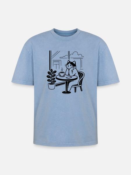 Thoughtful Cat Cafe - Oversized Unisex Premium Acid-Washed T-Shirt - acid washed blue
